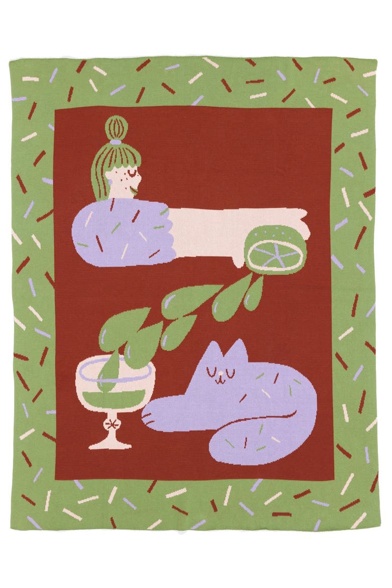 Cocktail Cat Knit Throw Blanket, Main, color, Lime
