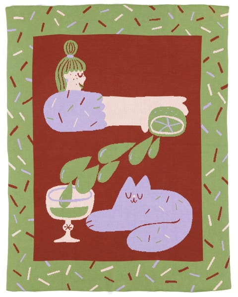 Cocktail Cat Knit Throw Blanket