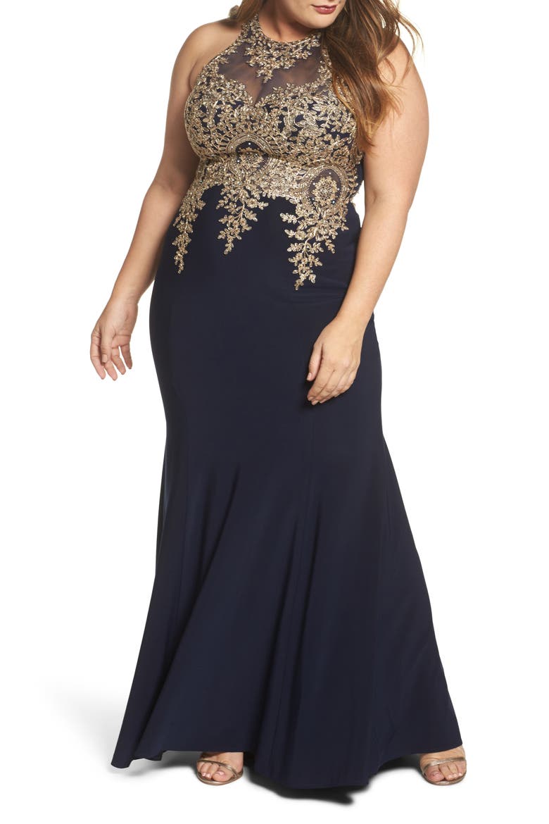 Xscape Embellished Mermaid Gown, Main, color, NAVY/ GOLD