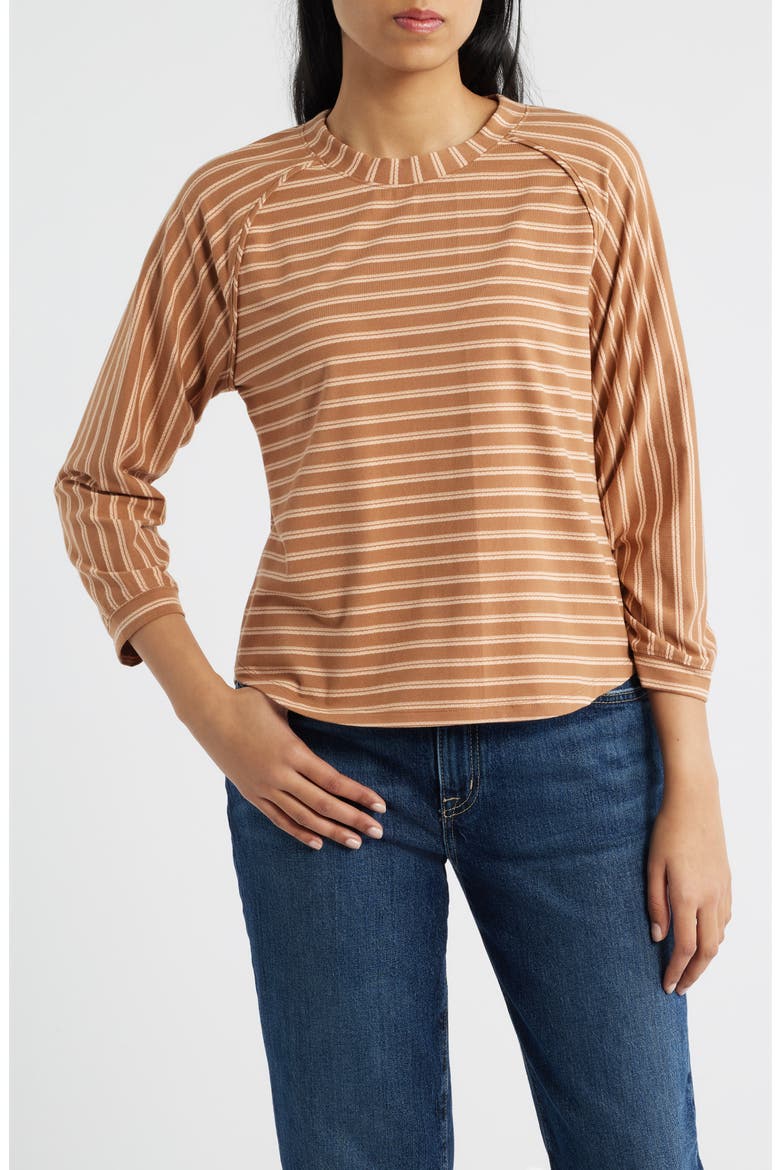 Stripe Three Quarter Sleeve Top, Main, color, SAHARA SAND/ PEACH PARFAIT