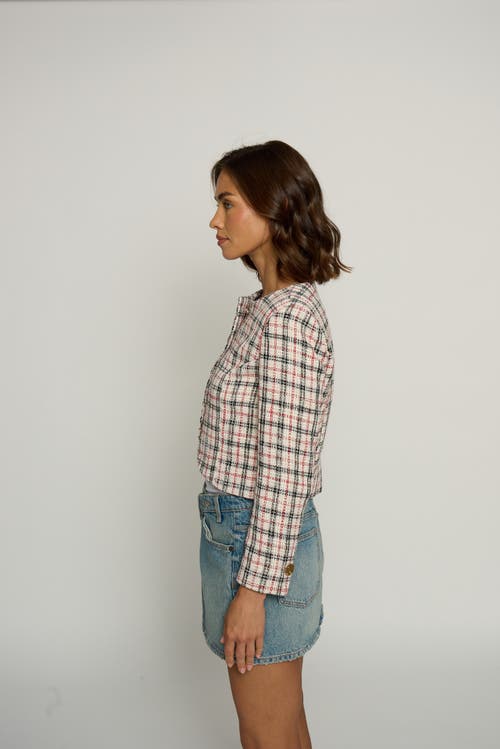 Central Park West Plaid Big Button Collarless Jacket