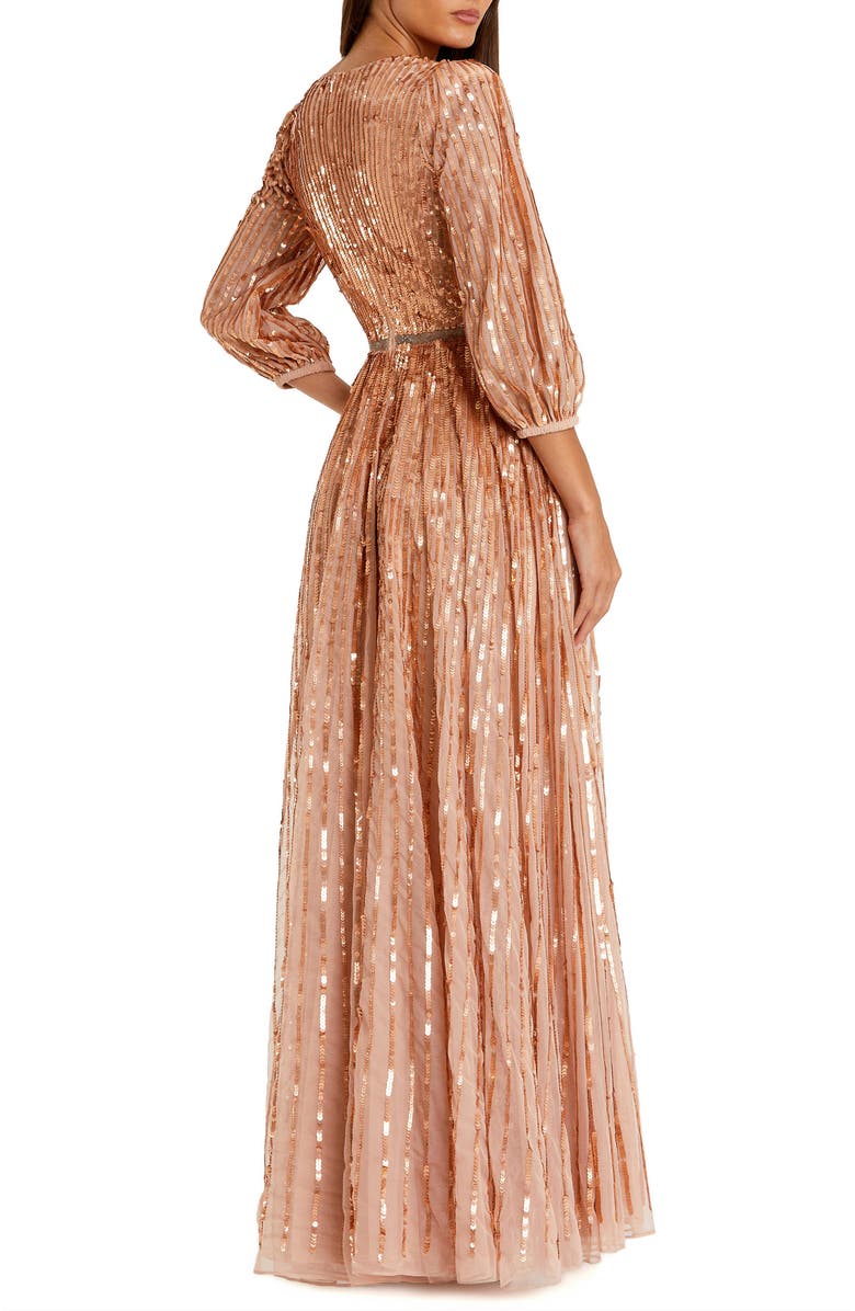 Mac Duggal Sequined Wrap Over 3/4 Sleeve Gown, Alternate, color, Apricot