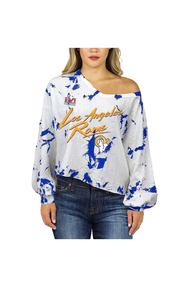 Women's Majestic Threads Matthew Stafford Royal/White Los Angeles Rams Super Bowl LVI Champions Off-Shoulder Tie-Dye Name & Number Long Sleeve V-Neck T-Shirt, Alternate, color, Royal