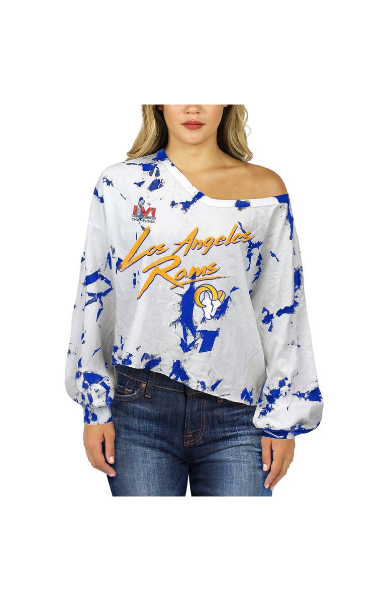 Majestic Threads Women's Majestic Threads Matthew Stafford Royal/White Los Angeles Rams Super Bowl LVI Champions Off-Shoulder Tie-Dye Name & Number Long Sleeve V-Neck T-Shirt, Alternate, color,