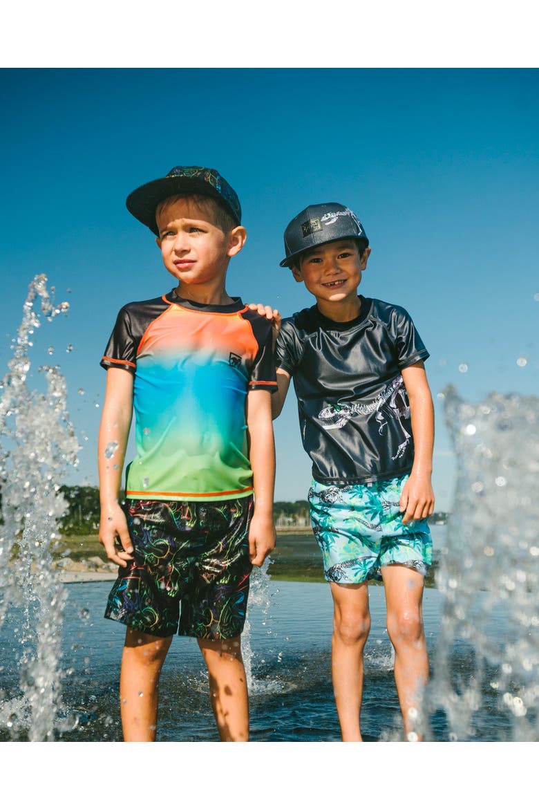 Above the Knee Elastic Waist Dinosaur Print Swim Trunks, Alternate, color, Black Dinosaur Print