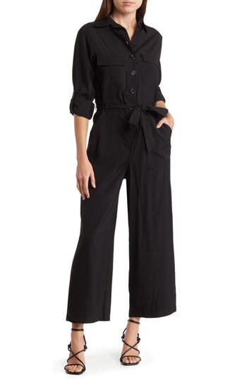 Max Studio Peach Skin Roll Sleeve Utility Jumpsuit In Black