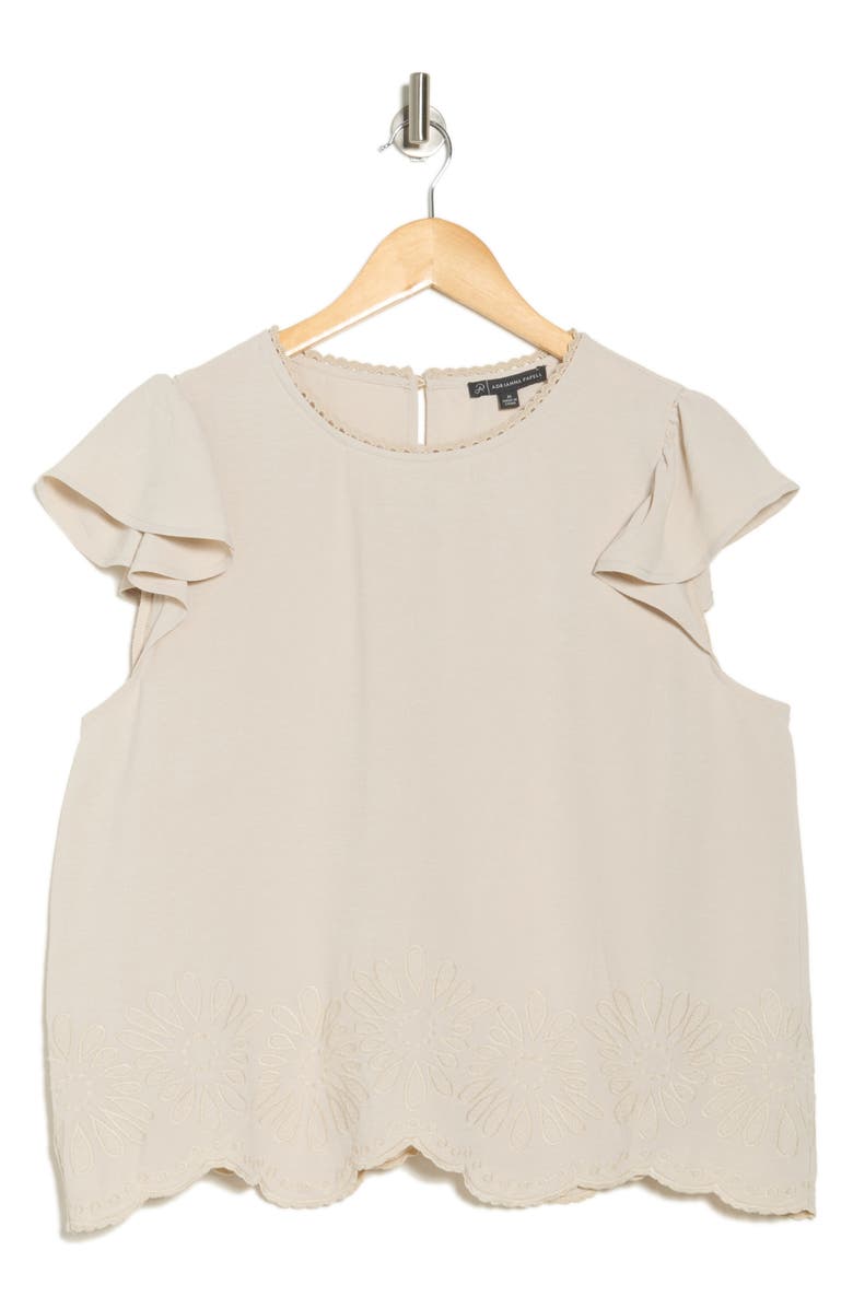 Adrianna Papell Floral Embroidered Flutter Sleeve Top, Alternate, color, Bamboo Wood