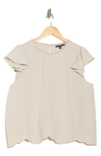 ADRIANNA PAPELL ADRIANNA PAPELL FLORAL EMBROIDERED FLUTTER SLEEVE TOP