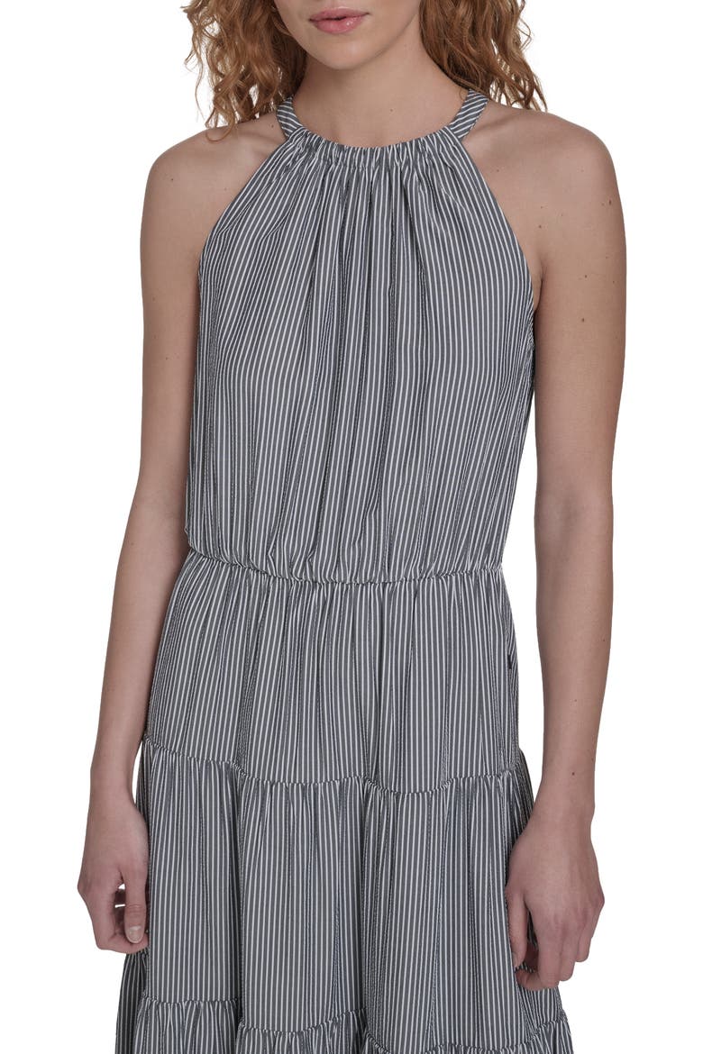 Tie Neck Tiered Maxi Dress, Alternate, color, SKY CAPTAIN / BRIGHT WHITE