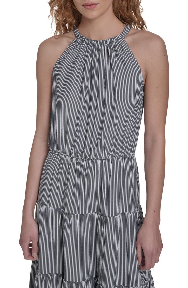 Tommy Hilfiger Tie Neck Tiered Maxi Dress, Alternate, color, Sky Captain / Bright White