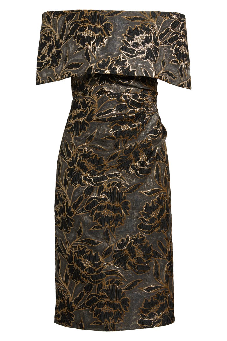 Metallic Floral Jacquard Off the Shoulder Organza Cocktail Dress, Alternate, color, BLACK