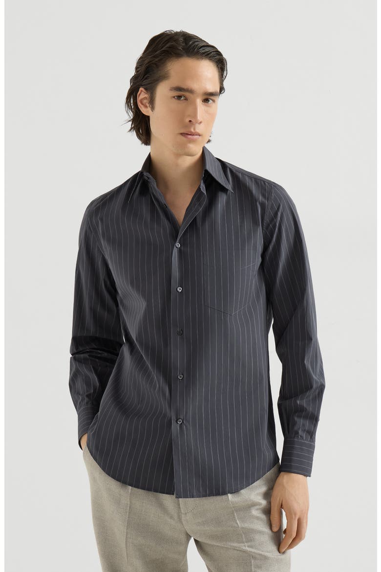 Double pinstripe cotton shirt with Italian collar and chest pocket, Main, color, Dark Grey