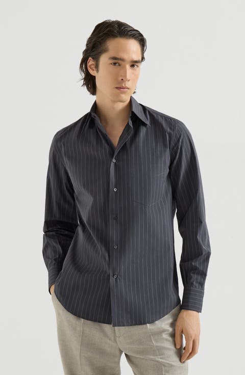 Double pinstripe cotton shirt with Italian collar and chest pocket