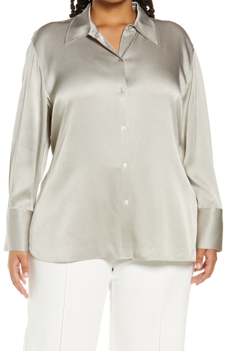 Relaxed Long Sleeve Satin Button-Up Shirt, Main, color, PEYOTE
