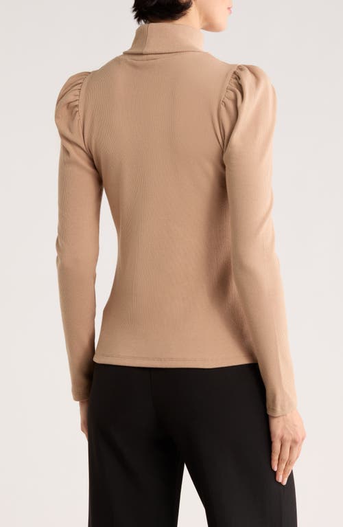 Elie Elie Tahari Stretch Pima Cotton Puff Sleeve Turtleneck Rib Top In Brown