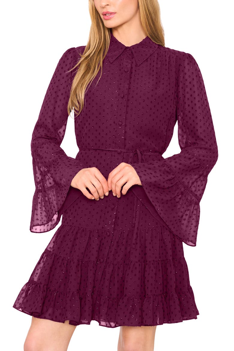 Metallic Clip Dot Long Sleeve Tiered Dress, Alternate, color, POTENT PURPLE