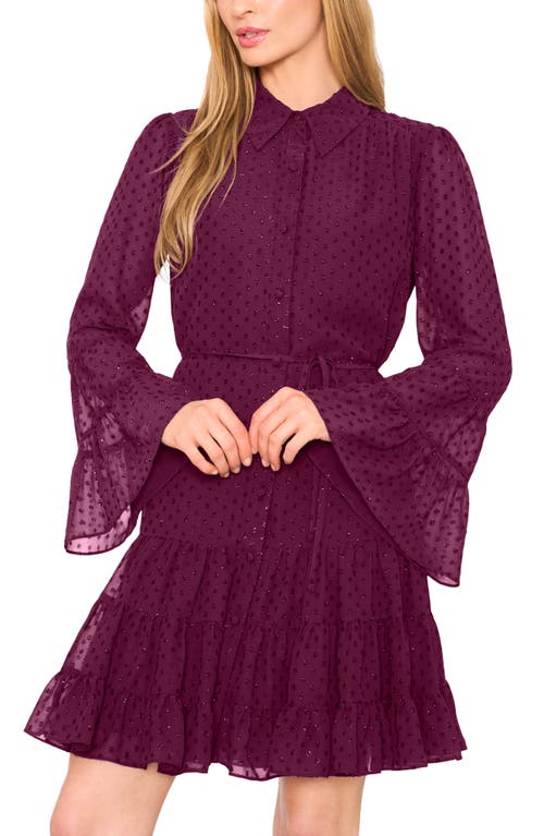 Cece Metallic Clip Dot Long Sleeve Tiered Dress In Purple