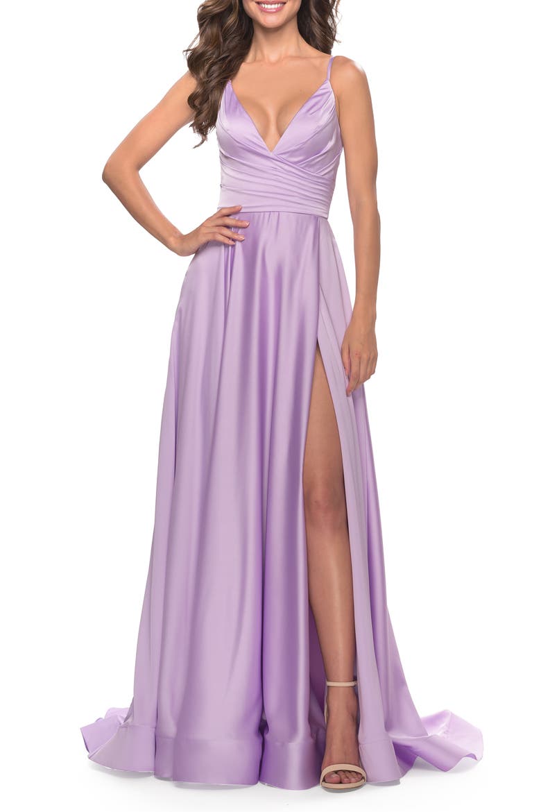 Long Satin Dress with Side Slit and V Shaped Back, Alternate, color, Lavender