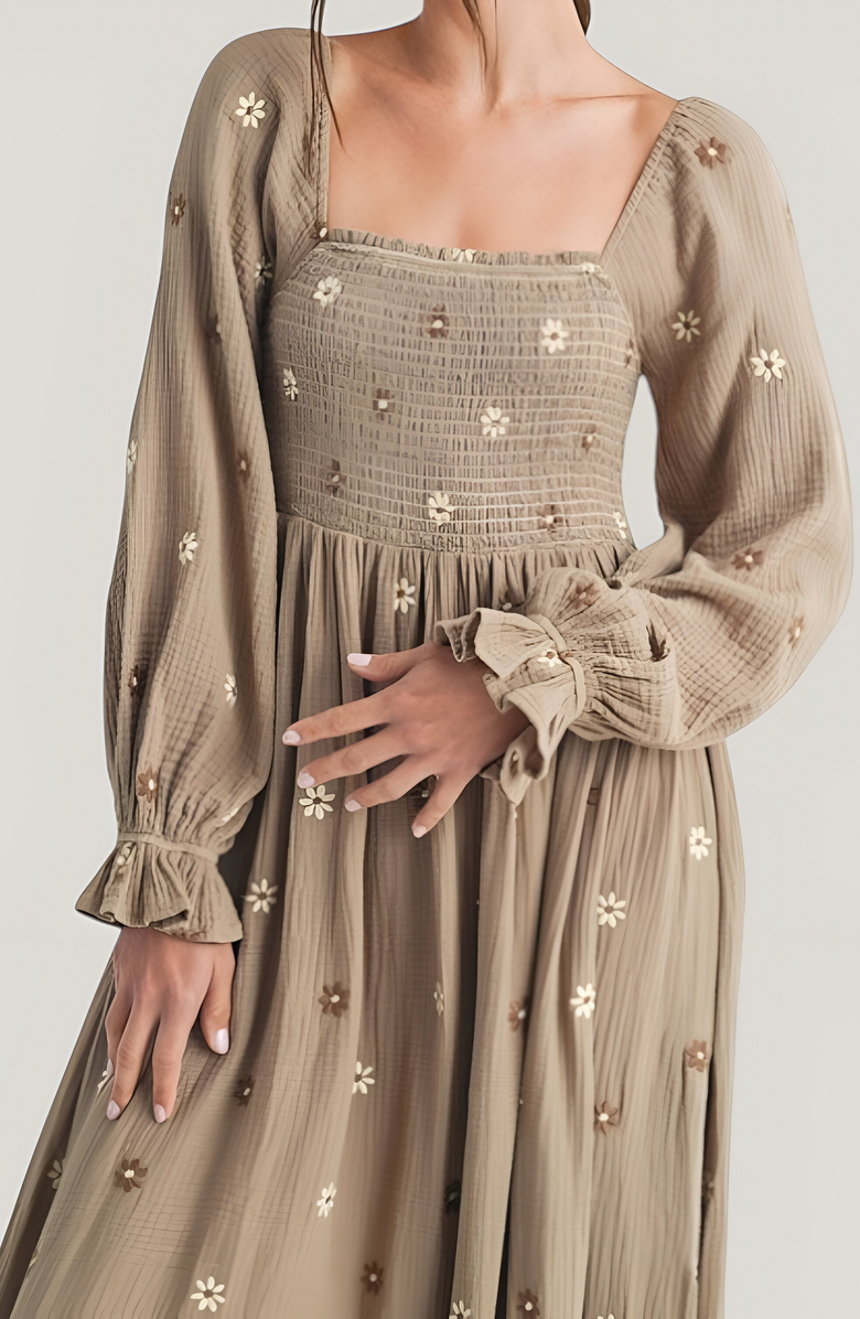 Modenaire Floral-Embroidered Smocked Tiered Open-Back Maxi Dress, Alternate, color,