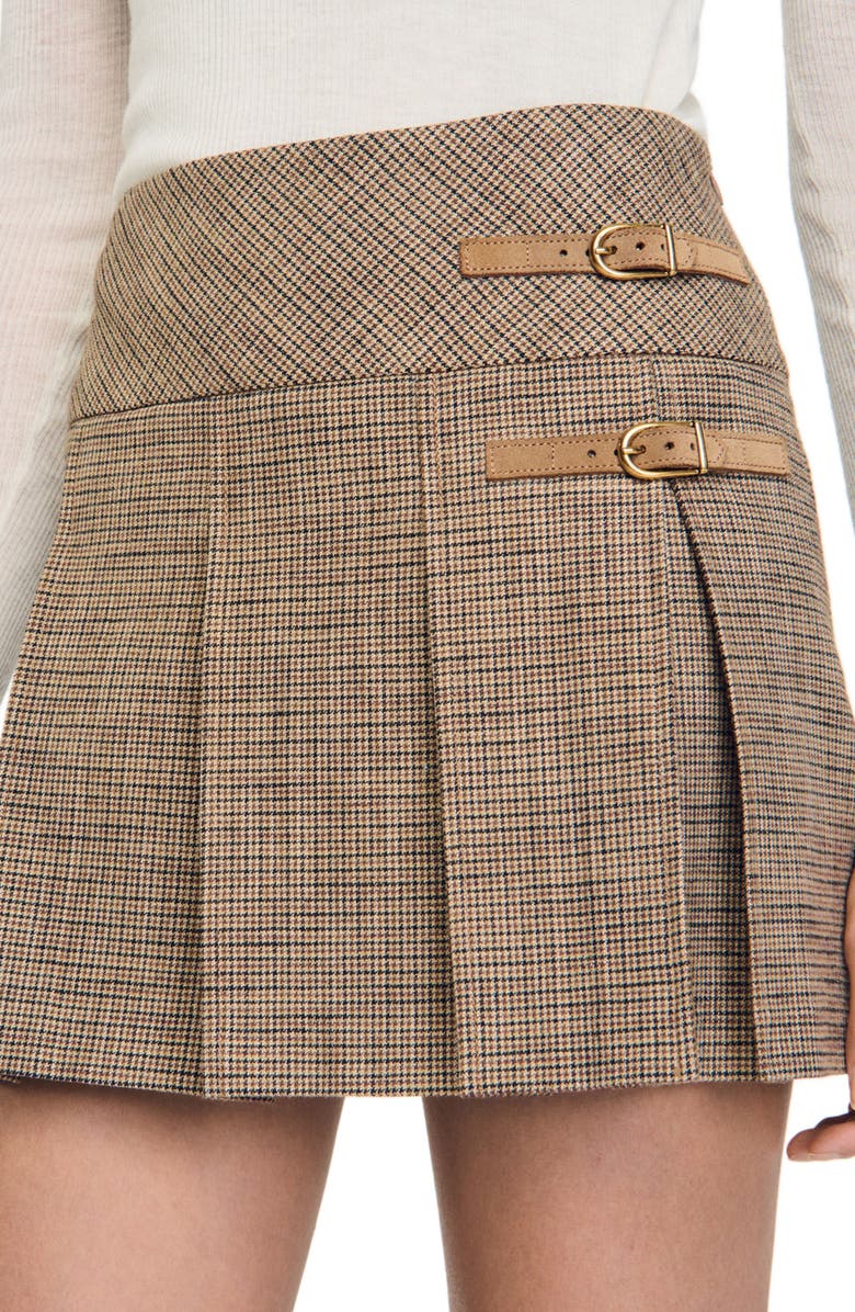 SANDRO Pleated micro houndstooth skirt, Alternate, color, 