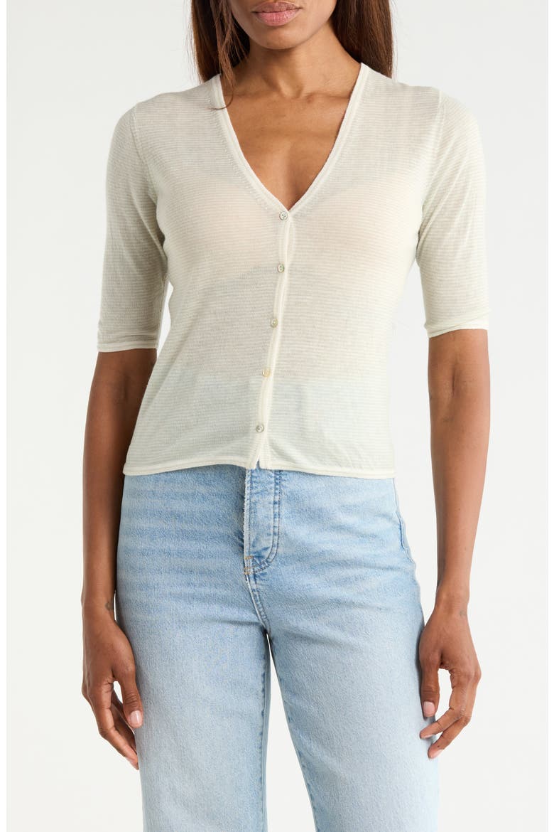 Micro Stripe Wool Blend Cardigan, Main, color, OFF WHITE/ JADE WATER