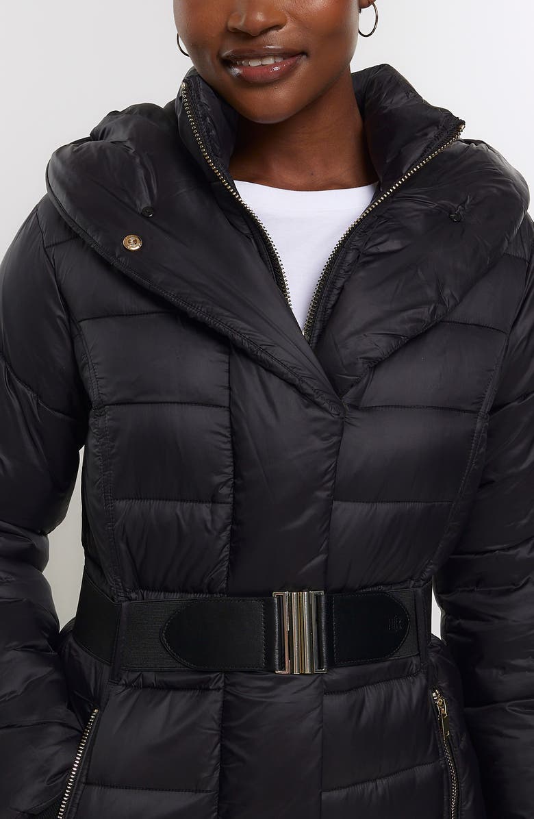 River Island Belted Longline Hooded Puffer Jacket with Removable Faux Fur Trim, Alternate, color, 