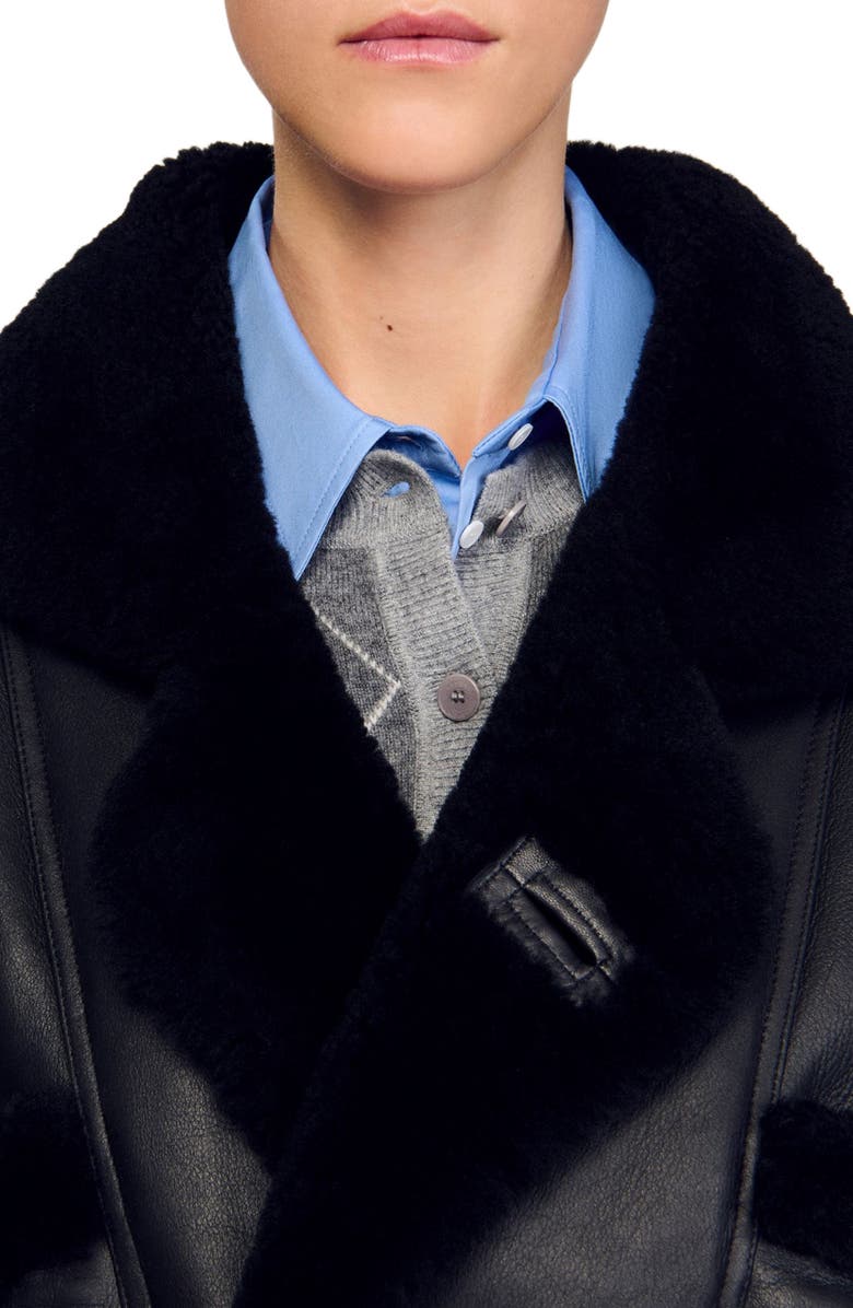 SANDRO Short shearling coat, Alternate, color, Black