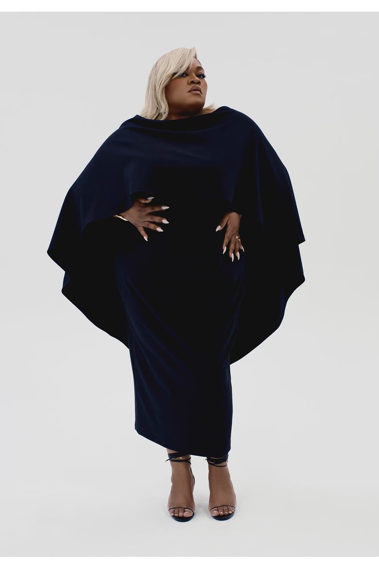 Structured Cape Midi Dress, Alternate, color, BLACK BEAUTY