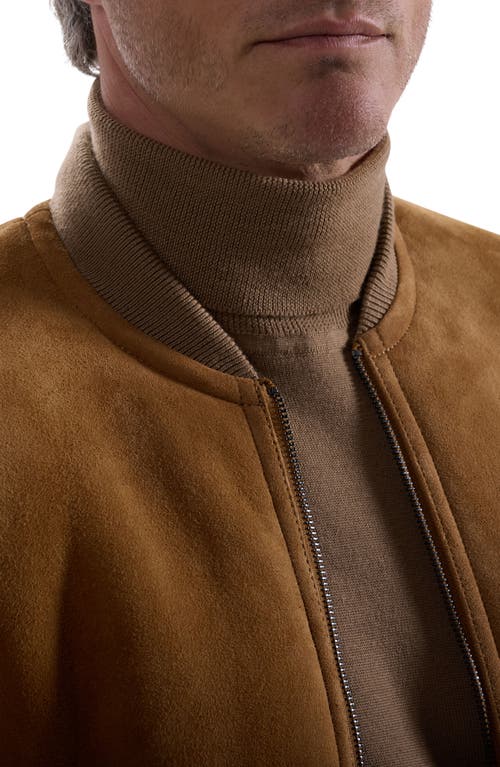 Bugatchi Genuine Shearling & Merino Wool Rib Bomber Jacket In Brown