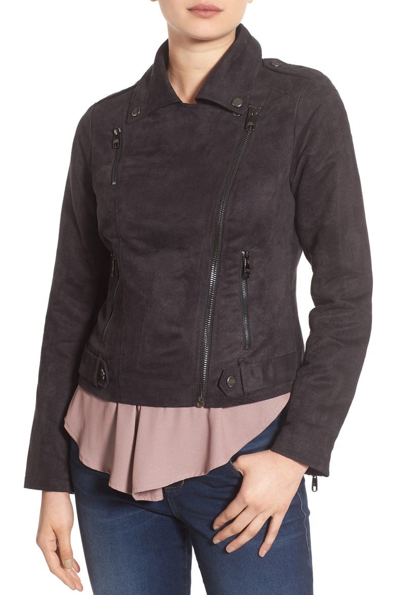Faux Suede Moto Jacket, Alternate, color, BLACK