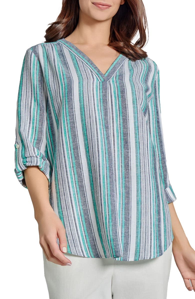 Jones New York Stripe Linen Blend Popover Top, Main, color, 