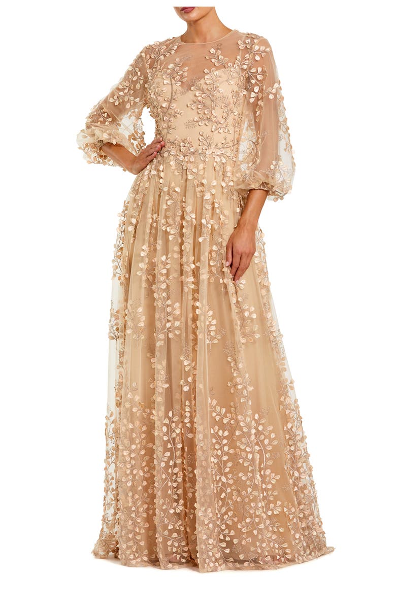 Mac Duggal Embroidered Puff Sleeve A-Line Gown, Main, color, Champagne