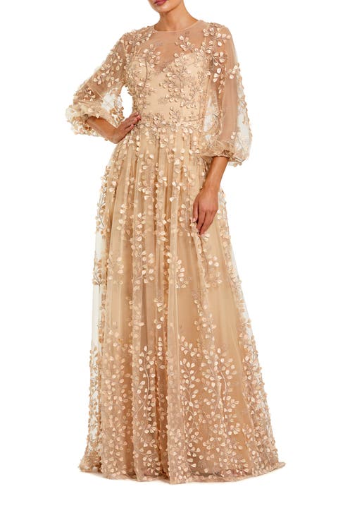 Embroidered Puff Sleeve A-Line Gown