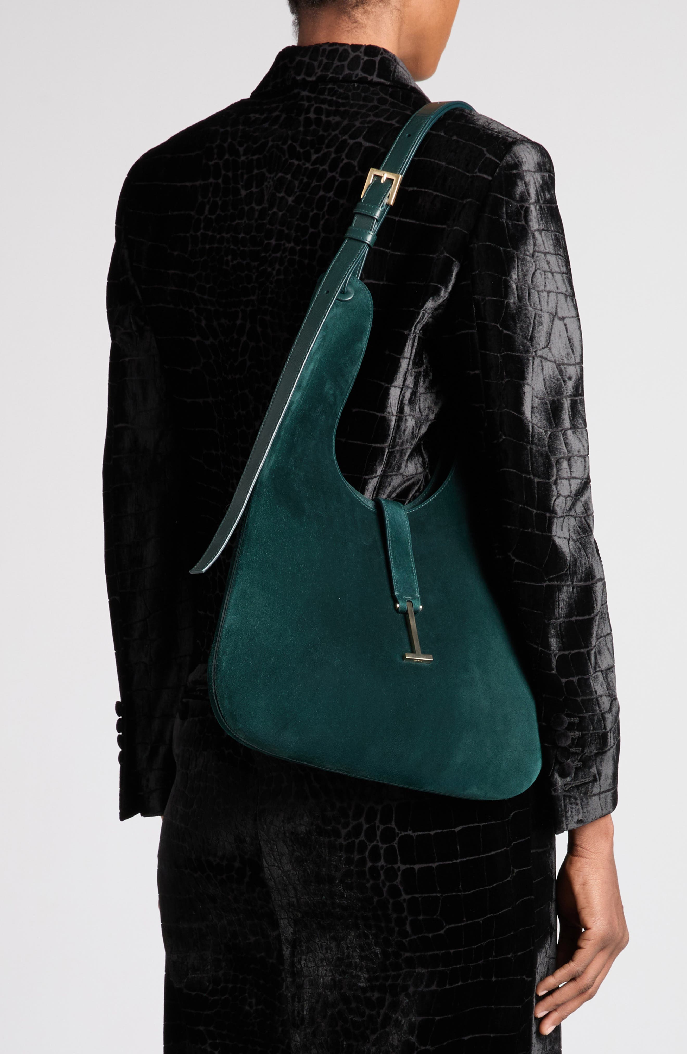 Medium Kara Smooth Suede Hobo Bag, Alternate, color, PINE GREEN