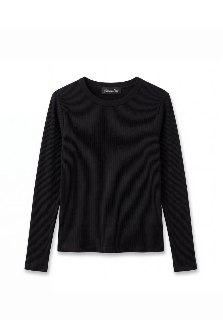 Fitted Ribbed Long Sleeve Crewneck T-Shirt, Alternate, color, Black