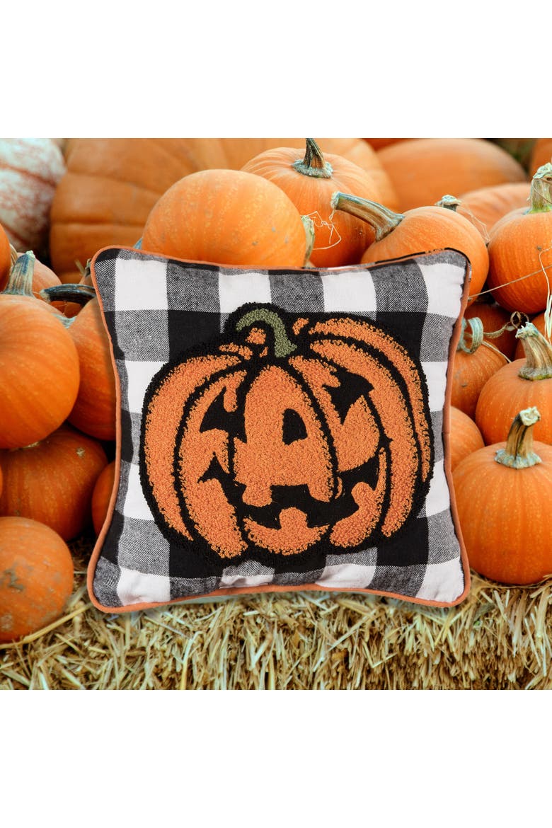 Jack-O-Lantern Pumpkin Check Tufted Halloween Accent Pillow, 12" x 12", Alternate, color, Orange