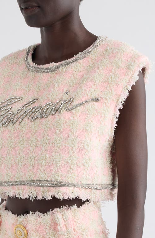 Shop Balmain Crystal Signature Houndstooth Tweed Crop Top In Ohp Rose/multi