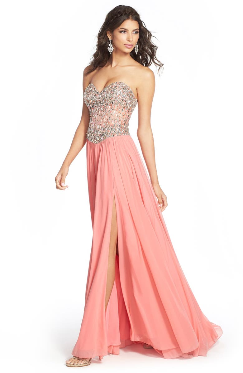 Glamour by Terani Couture Embellished Mesh Fit & Flare Gown, Alternate, color, 