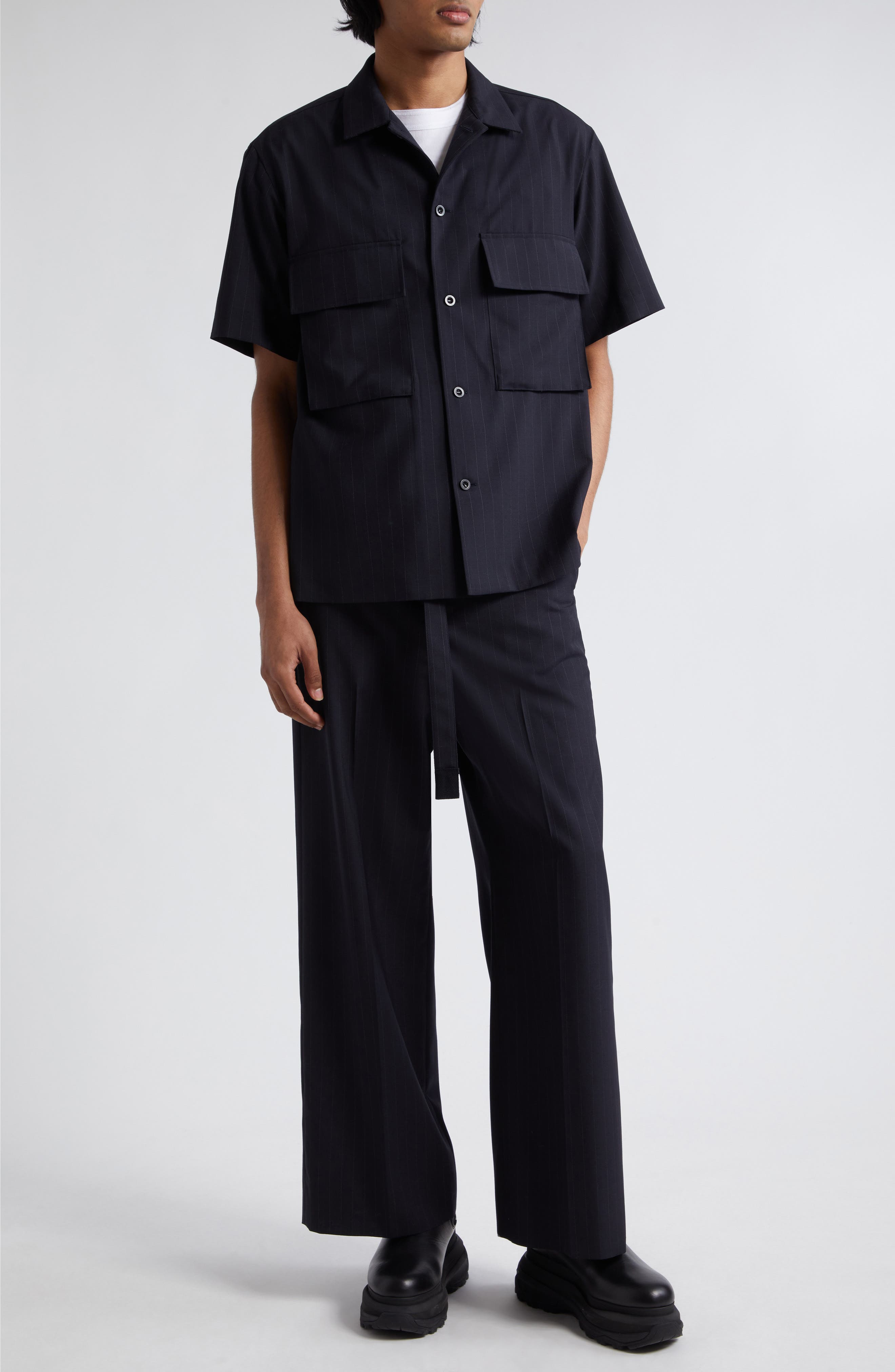 Sacai Chalk Stripe Suiting Camp Shirt (Men) | Nordstrom