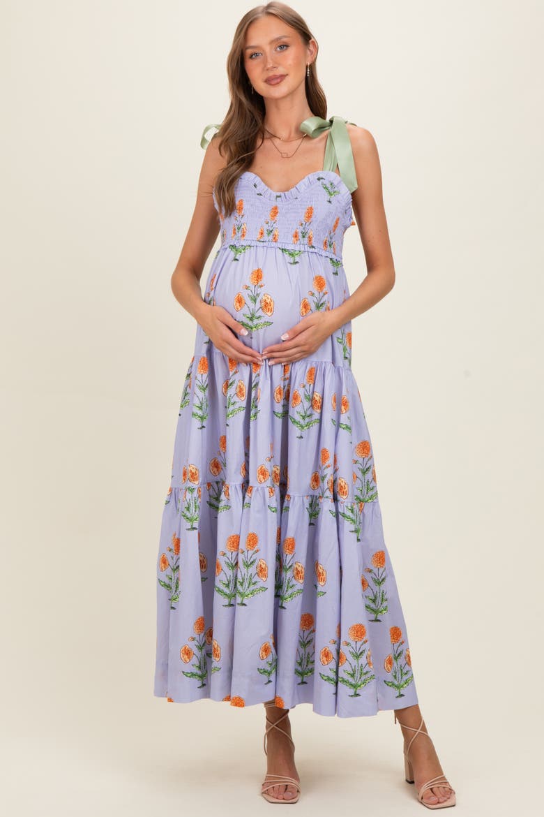 Floral Sweetheart Neckline Smocked Maxi Dress, Main, color, Lavender
