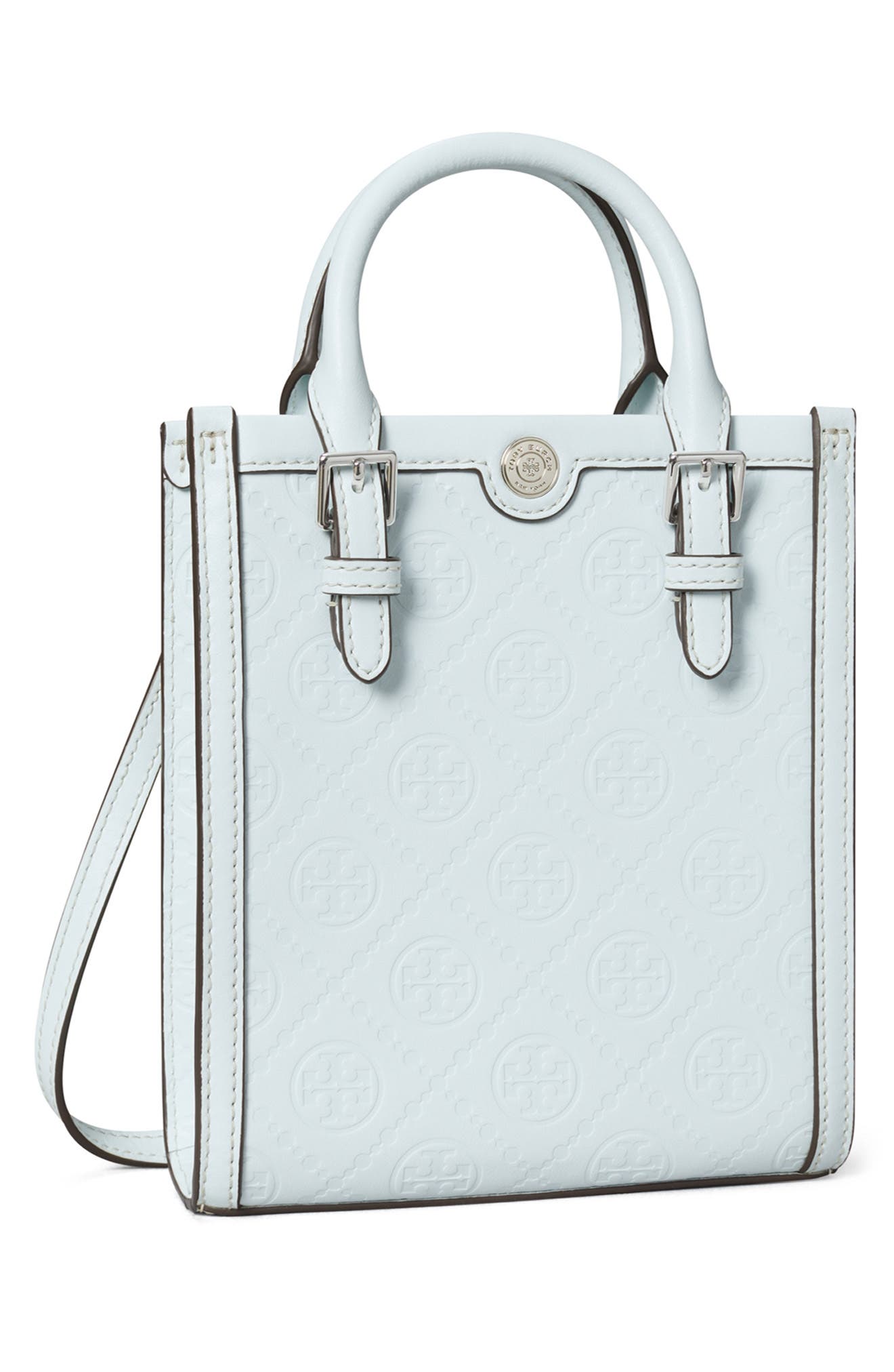Tory Burch Mini T Monogram Debossed North/South Tote, Alternate, color, Ice Blue