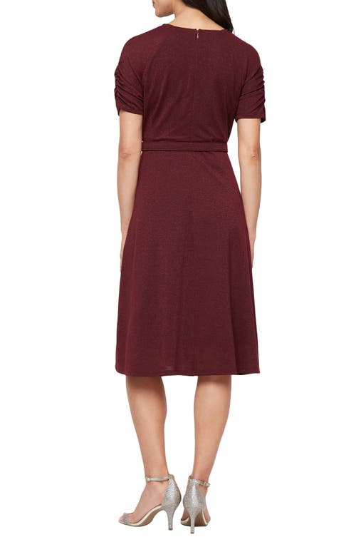 Sl Fashions Belted Metallic Knit Short Sleeve Dress In Burgundy