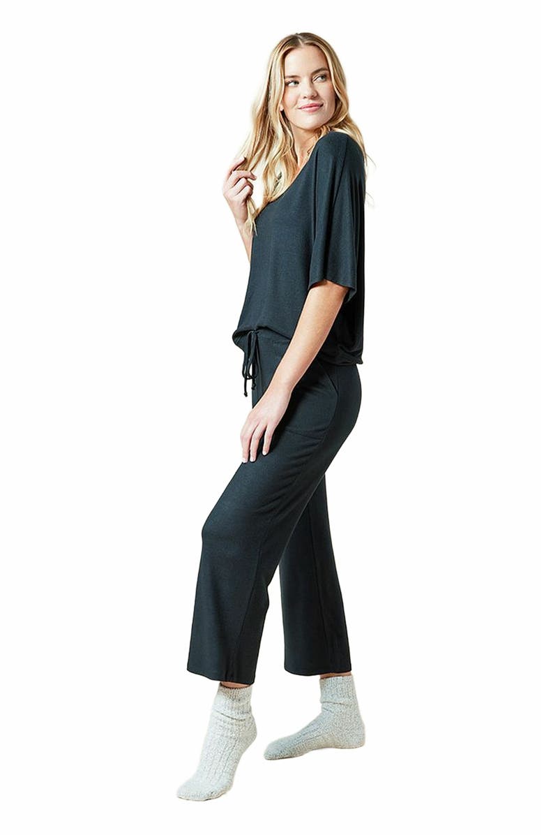 Softies Dream Jersey Relaxed V-Neck with Capri Lounge Set, Alternate, color, Black