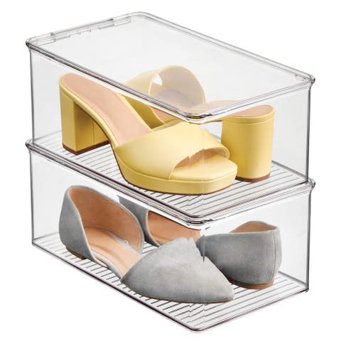 Stackable Clear Shoe Box with Hinged Lid for Wedges, Sandals, Flats - Set of 2
