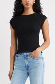 Open Edit Cap Sleeve Smocked Top