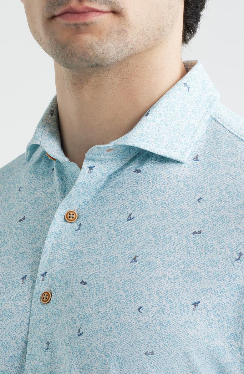 johnnie-O Rowing Hangin’ Out Surfer Print Knit Short Sleeve Button-Up Shirt, Alternate, color, White/Blue Multi