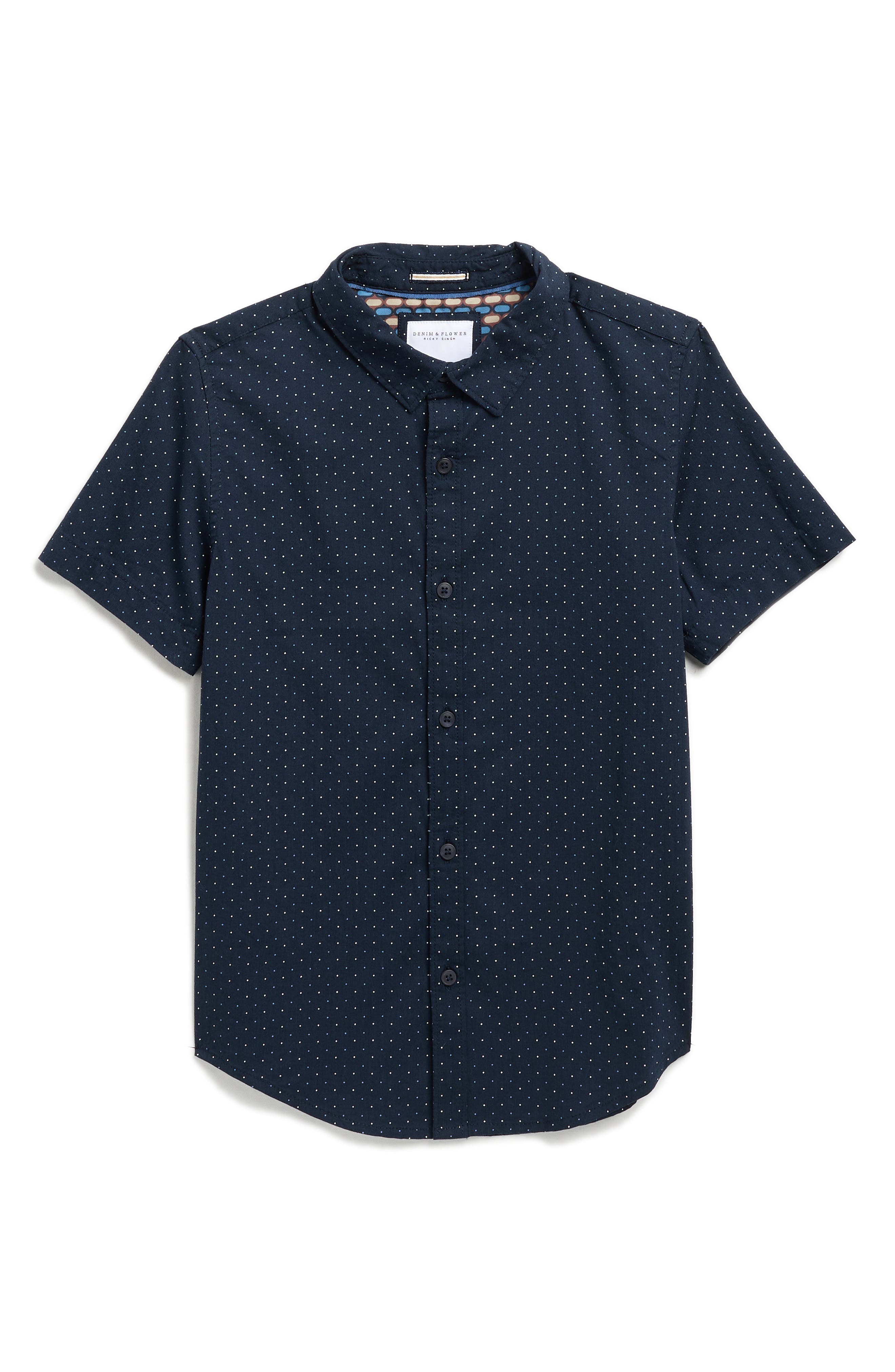 Denim And Flower Kids' Polka Dot Short Sleeve Button-up Shirt In Blue