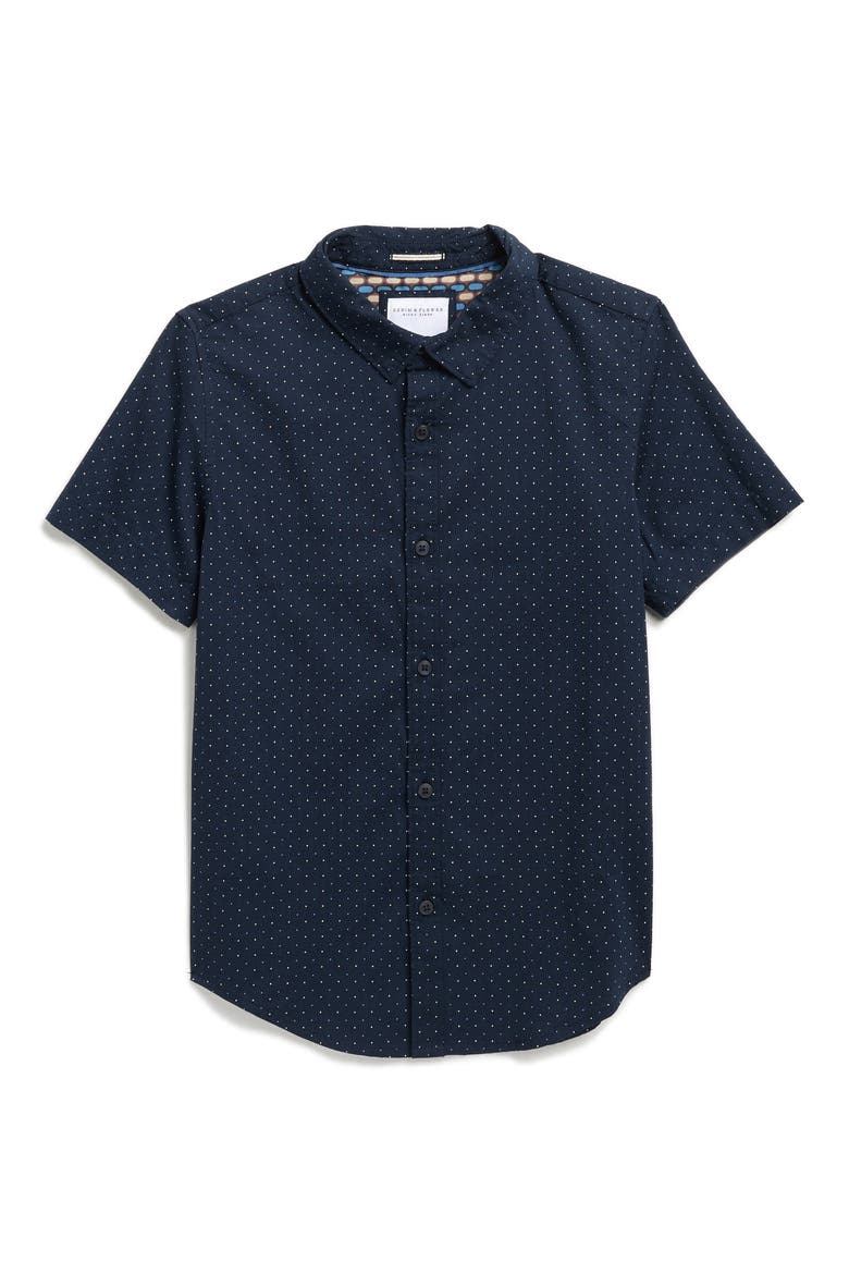 Kids' Polka Dot Short Sleeve Button-Up Shirt, Main, color, NAVY W/ WHITE BLUE