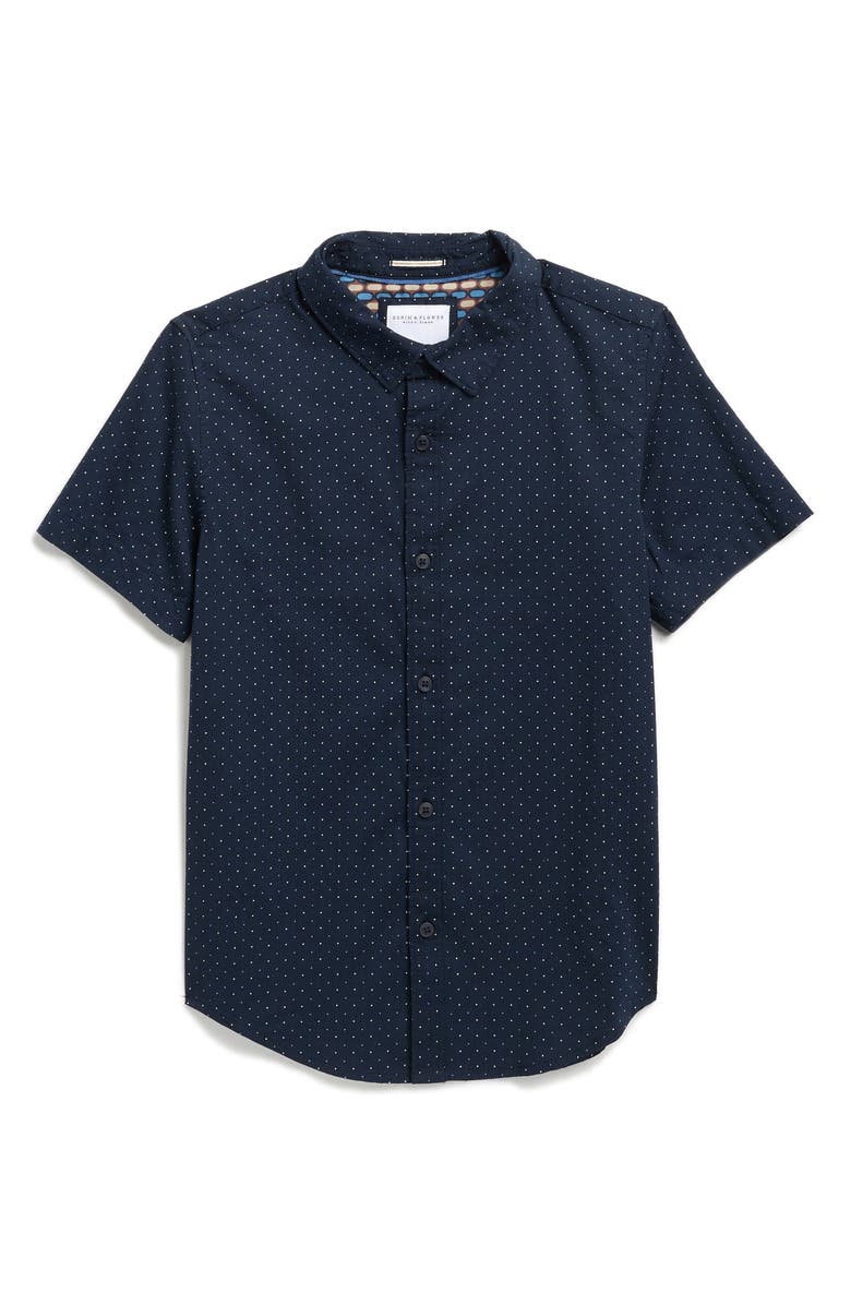 DENIM AND FLOWER Kids' Polka Dot Short Sleeve Button-Up Shirt, Main, color, Navy W/ White Blue