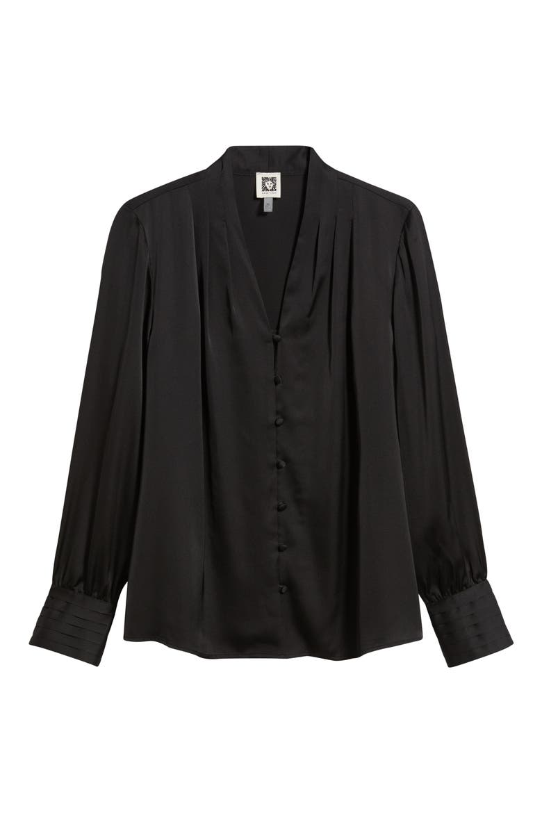 Pleat Front V-Neck Button-Up Shirt, Alternate, color, ASPHALT